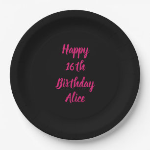 Assiettes En Carton Joyeux 16e anniversaire rose noir couleur de nom p