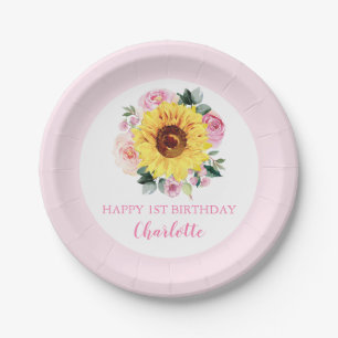 Assiettes En Carton Joyeux 1er anniversaire tournesol rose floral