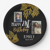 Assiettes En Carton Joyeux 21e anniversaire Gold Foliage 3 Photo Party (Devant)