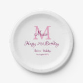 Assiettes En Carton Joyeux 21e Anniversaire rose ajouter nom monogramm (Devant)
