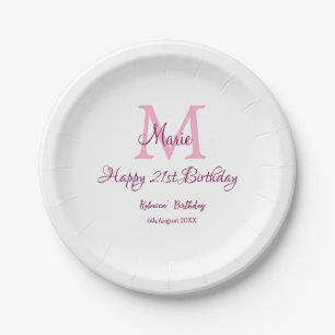 Assiettes En Carton Joyeux 21e Anniversaire rose ajouter nom monogramm