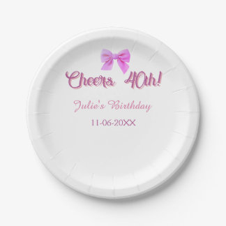 Assiettes En Carton Joyeux 40e anniversaire nom date mauve rose ruban