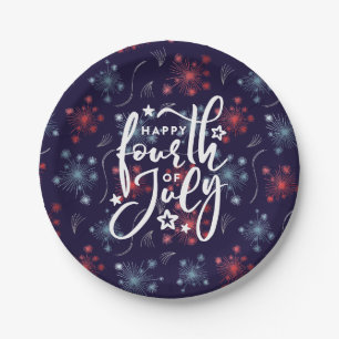 Assiettes En Carton Joyeux 4 juillet avec feux d'artifice rouge, bleu