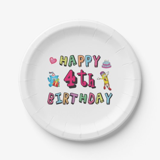 Assiettes En Carton Joyeux 4e anniversaire. 4 ans b-jour. (Devant)