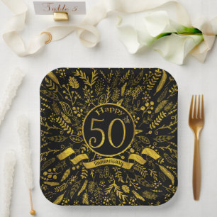 Assiettes En Carton Joyeux 50e anniversaire Gold Floral