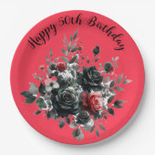 Assiettes En Carton Joyeux 50e anniversaire Roses rouge et noir | (Devant)