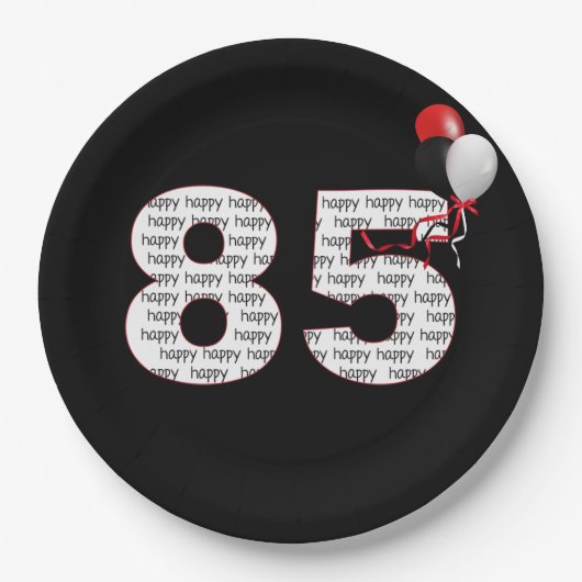 Assiettes En Carton Joyeux 85e anniversaire sur plaque de papier noir (Devant)