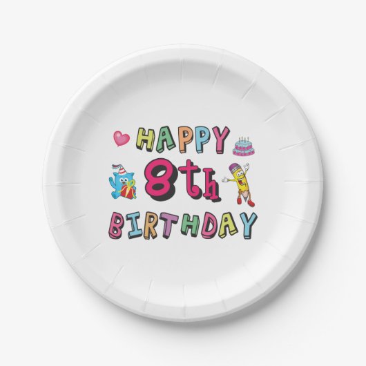 Assiettes En Carton Joyeux 8e anniversaire. 8 ans b-jour. (Devant)