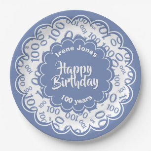 Assiettes En Carton Joyeux anniversaire 100e Motif de numéro bleu/blan