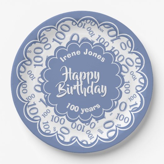 Assiettes En Carton Joyeux anniversaire 100e Motif de numéro bleu/blan (Devant)