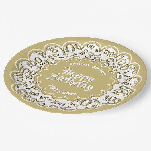 Assiettes En Carton Joyeux anniversaire 100e Motif numérique or et bla (Angle)