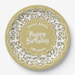 Assiettes En Carton Joyeux anniversaire 100e Motif numérique or et bla