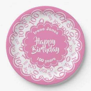 Assiettes En Carton Joyeux anniversaire 100e Motif numérique rose/blan