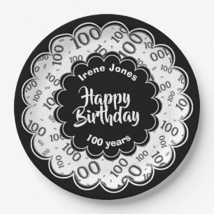 Assiettes En Carton Joyeux anniversaire 100e Noir/Blanc Motif numériqu
