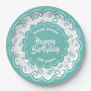 Assiettes En Carton Joyeux anniversaire 100e Turquoise/Motif numérique