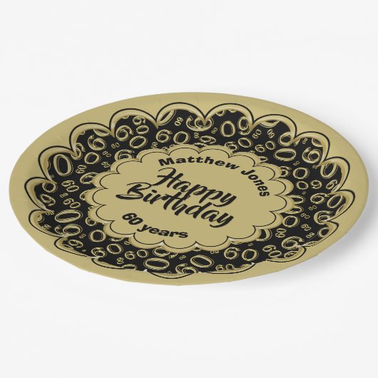 Assiettes En Carton Joyeux anniversaire 60e Motif de numéro noir/or (Angle)