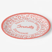 Assiettes En Carton Joyeux anniversaire 70e corail/Motif numérique bla (Angle)