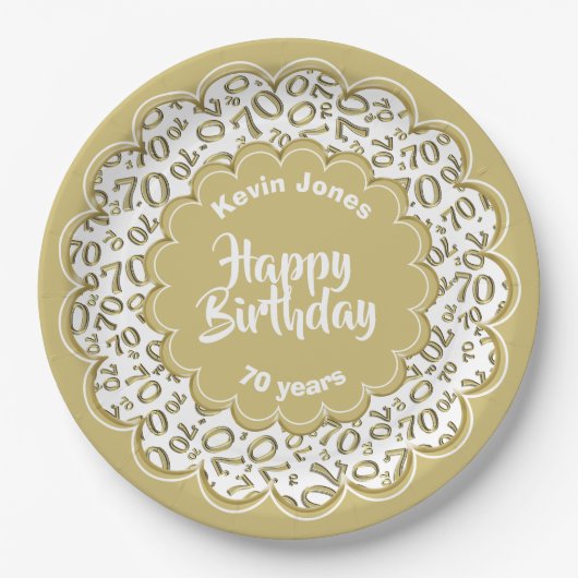 Assiettes En Carton Joyeux anniversaire 70e Motif numérique Gold and W (Devant)