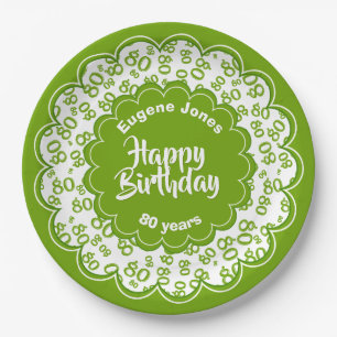 Assiettes En Carton Joyeux anniversaire 80e Motif numérique vert et bl