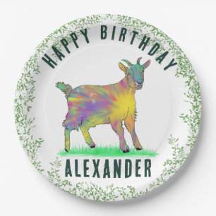 Assiettes En Carton Joyeux anniversaire ajouter Nom Chèvre et feuillag