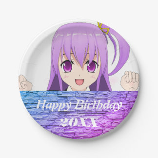 Assiettes En Carton Joyeux anniversaire amusant rose violet anime