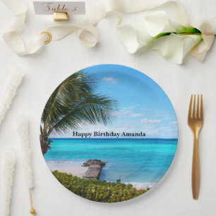 Assiettes En Carton Joyeux anniversaire aux palmiers tropicaux de la p