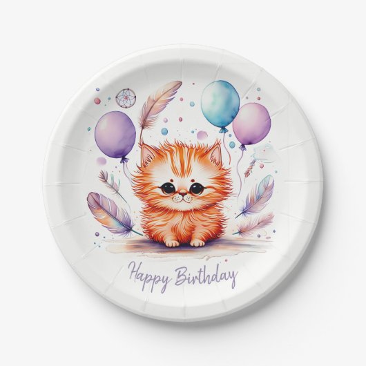 Assiettes En Carton Joyeux Anniversaire Ballons Chatons Rouges Aquarel (Devant)