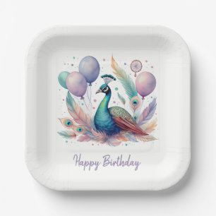 Assiettes En Carton Joyeux Anniversaire Ballons Paon Aquarelle Mignon