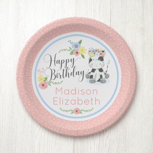 Assiettes En Carton Joyeux anniversaire Bébé Vache Floral 1er annivers