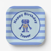 Assiettes En Carton Joyeux Anniversaire Bleu Robot Or avec nom (Recto)