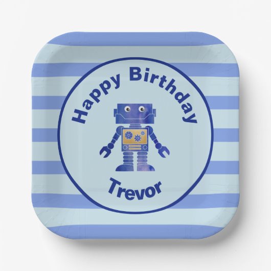 Assiettes En Carton Joyeux Anniversaire Bleu Robot Or avec nom (Recto)