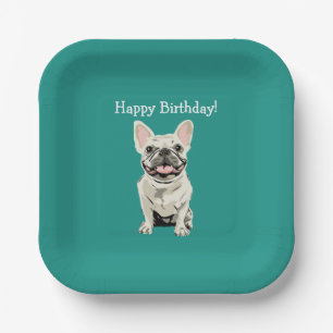 Assiettes En Carton Joyeux anniversaire - Bouledogue français crème