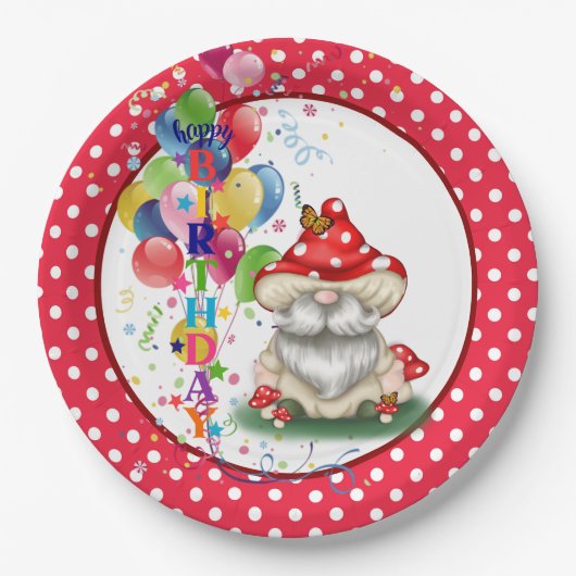 Assiettes En Carton Joyeux Anniversaire Champignons Gnome Plaque de pa (Devant)