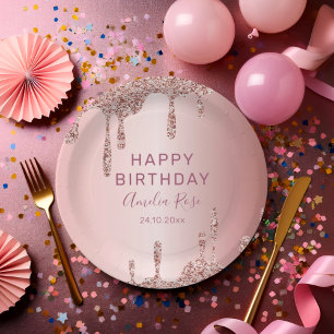 Assiettes En Carton Joyeux Anniversaire Chic Paillettes Or Rose