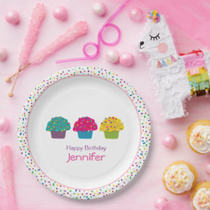 Assiettes En Carton Joyeux Anniversaire Cupcake Glaçage Arc-en-ciel Pa