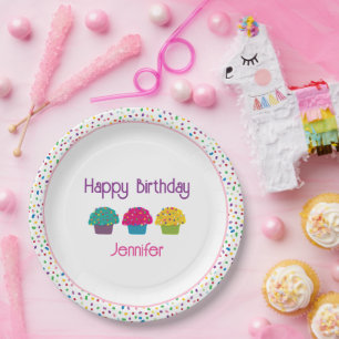 Assiettes En Carton Joyeux Anniversaire Cupcakes Glaçés Sprinkles Arc-