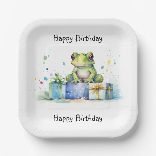 Assiettes En Carton Joyeux Anniversaire Cute Grenouille verte avec cad (Recto)