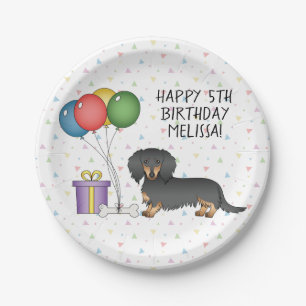 Assiettes En Carton Joyeux Anniversaire Dachshund à Poils Longs Noir e