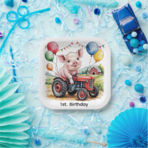 Assiettes En Carton Joyeux Anniversaire de Cochon de Ferme Mignon sur 