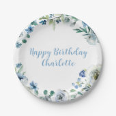 Assiettes En Carton Joyeux anniversaire Elégant Blue Blanc Floral Part (Devant)