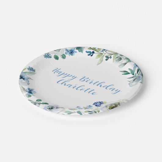 Assiettes En Carton Joyeux anniversaire Elégant Blue Blanc Floral Part (Angle)