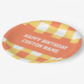 Assiettes En Carton Joyeux anniversaire en vichy jaune (Angle)