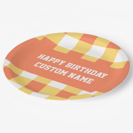 Assiettes En Carton Joyeux anniversaire en vichy jaune (Angle)