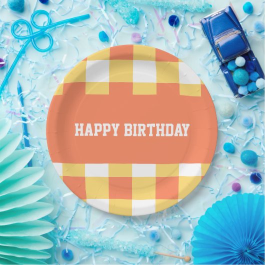 Assiettes En Carton Joyeux anniversaire en vichy jaune (Fête)