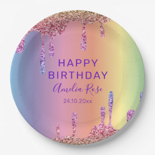 Assiettes En Carton Joyeux Anniversaire Fête de Gouttes de Paillettes
