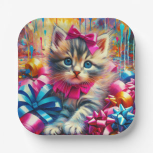 Assiettes En Carton Joyeux Anniversaire Fille Chaton Rose et Bleu Mign
