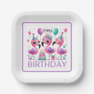 Assiettes En Carton Joyeux Anniversaire Flamants Roses