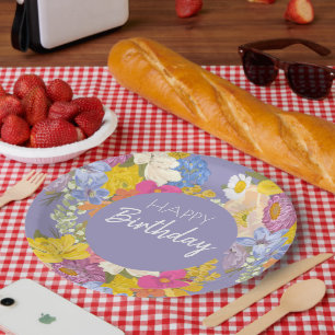Assiettes En Carton Joyeux anniversaire fleuri