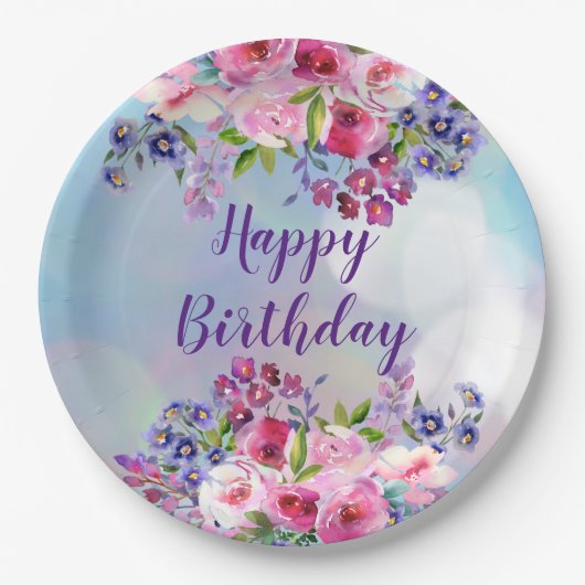 Assiettes En Carton Joyeux Anniversaire Fleurs d'aquarelle Plaques de  (Devant)