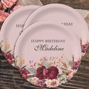 Assiettes En Carton Joyeux Anniversaire Fleurs Rose Élégant Bourgogne